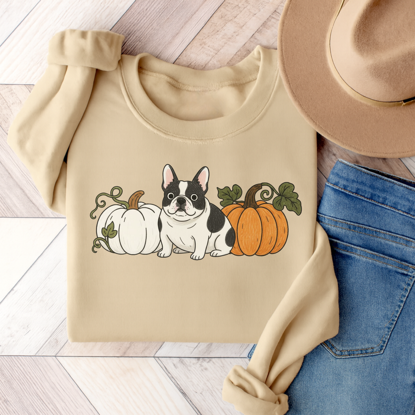 Piebald Frenchie Pupkin Unisex Sweatshirt Sand