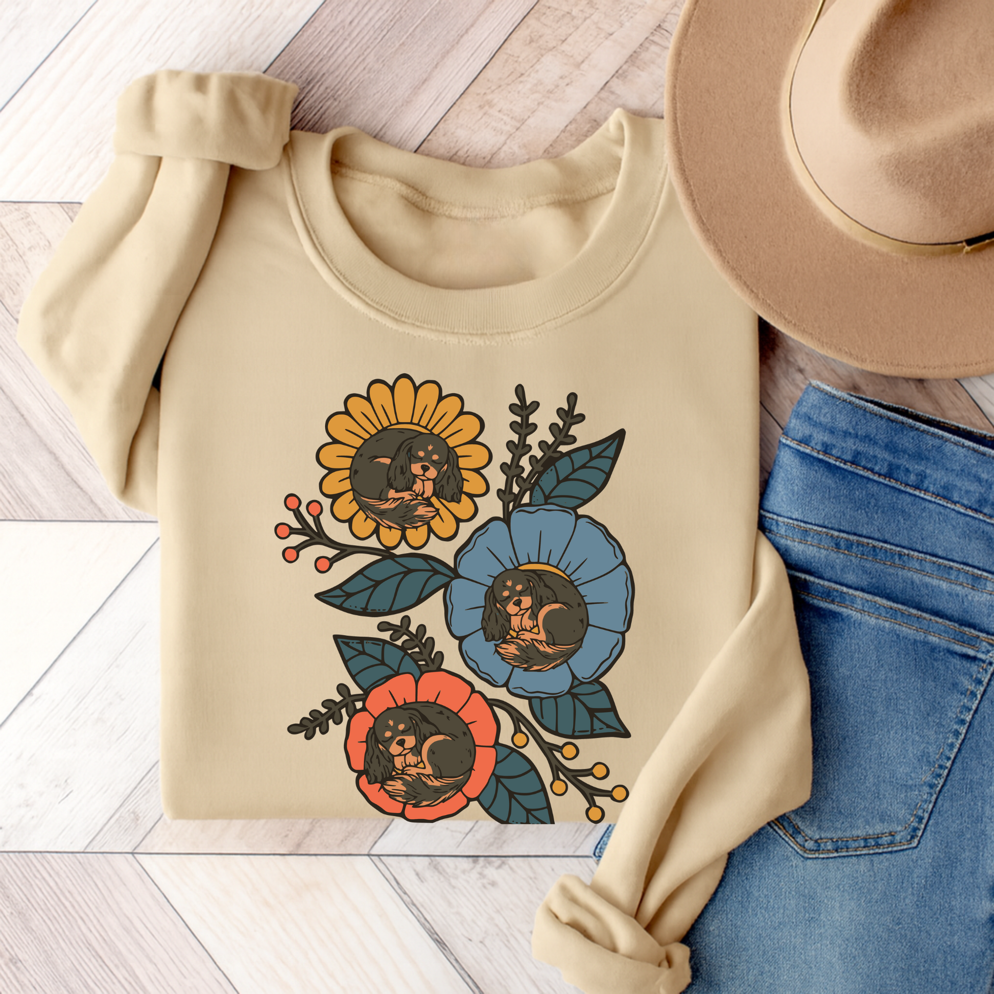 Black and Tan Cavalier Sleeping Flowers Sweatshirt Sand
