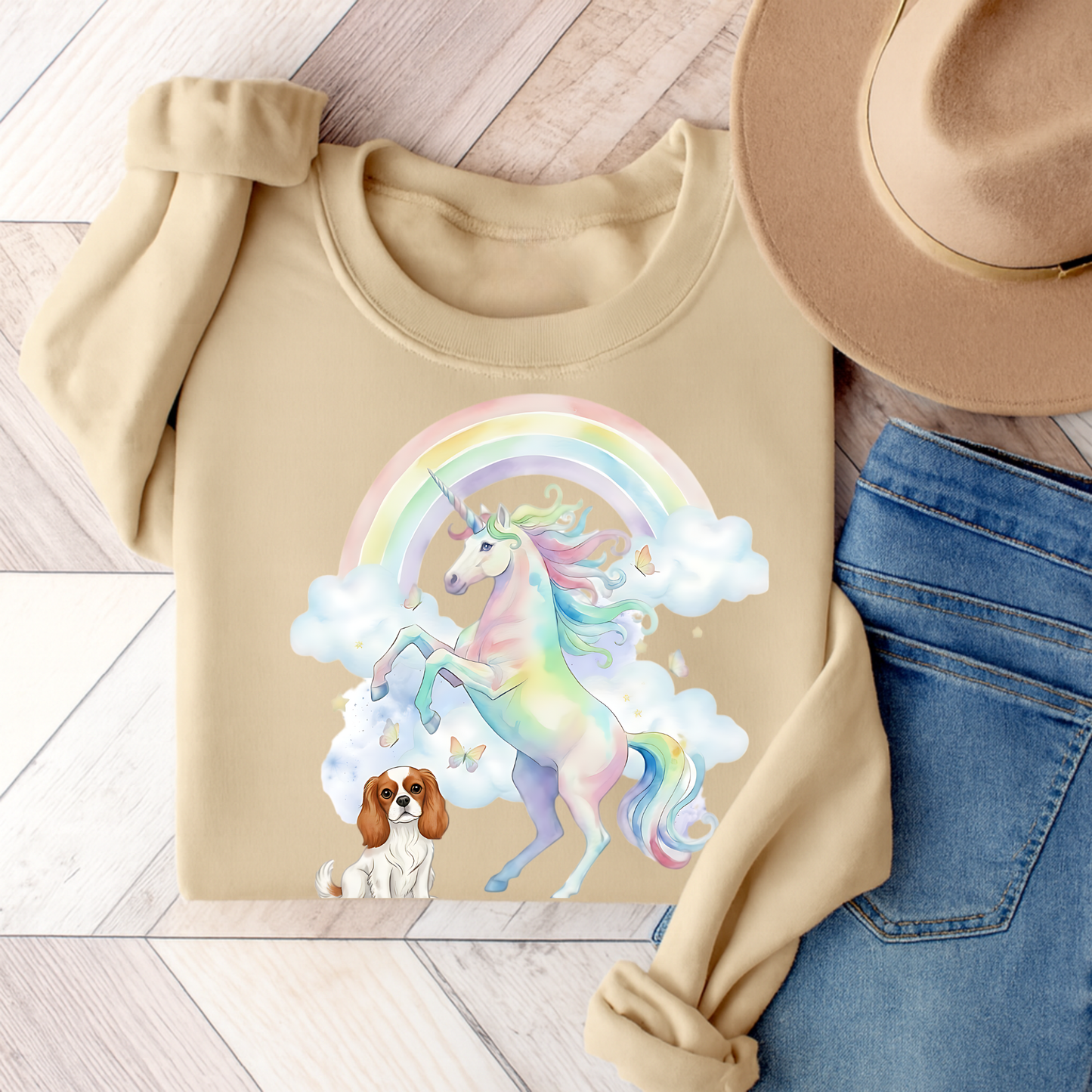 Blenheim Cavalier Watercolor Unicorn Sweatshirt Sand