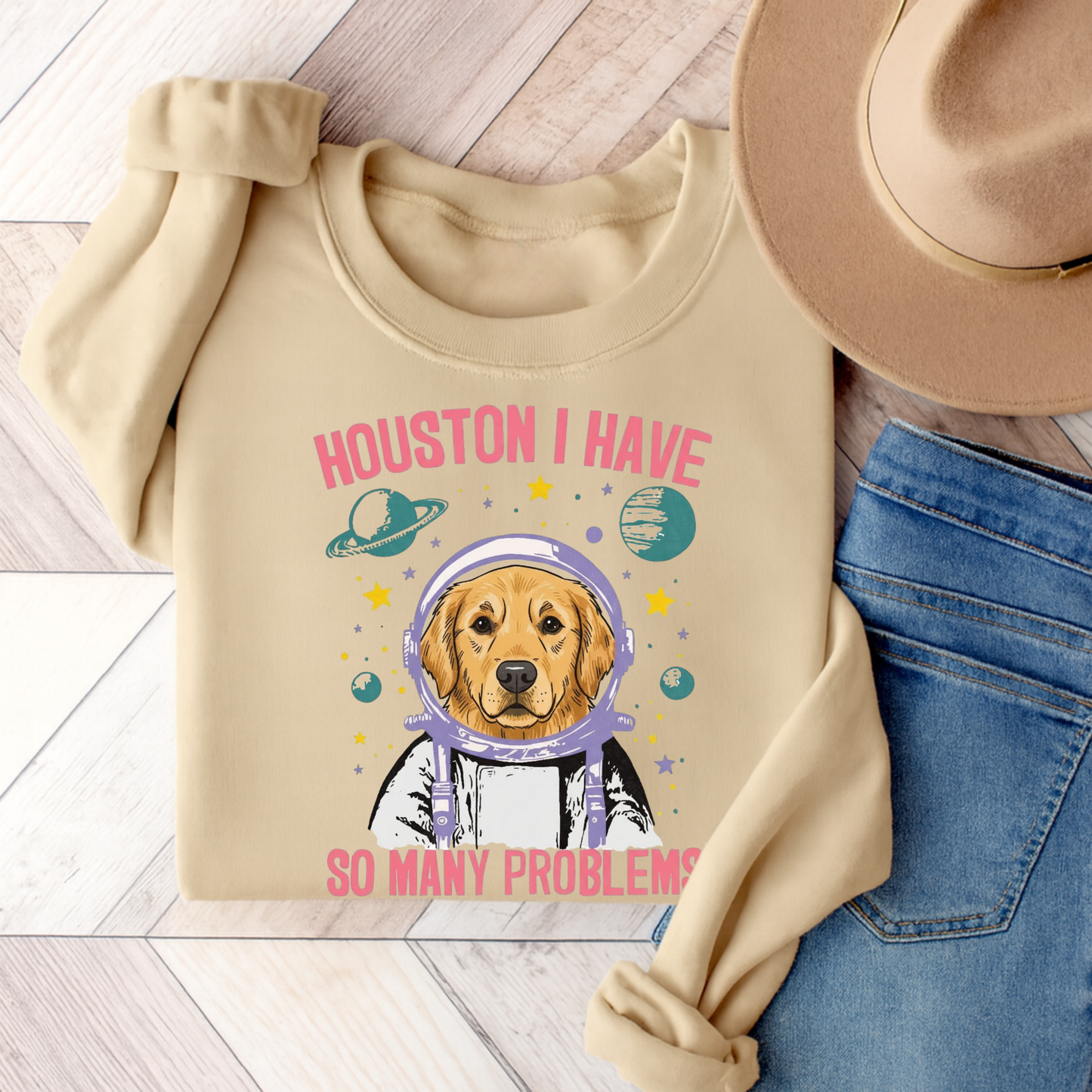 Golden Retriever Houston Space Sweatshirt Sand