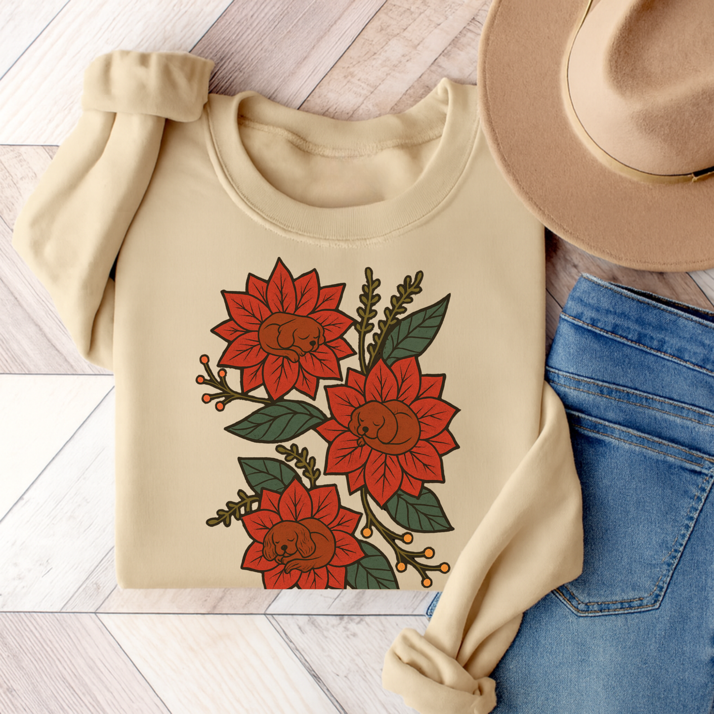 Ruby Cavalier Christmas Flower Sweatshirt Sand