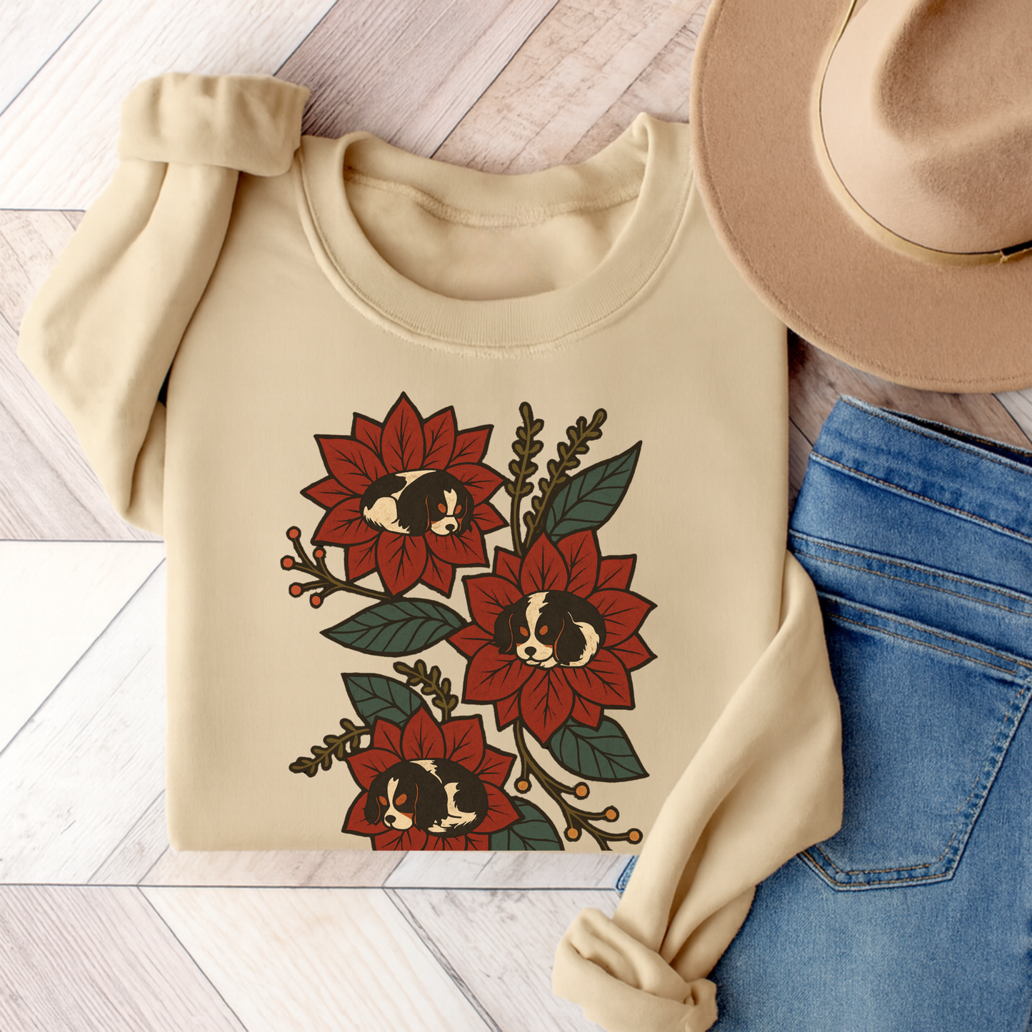 Tricolor Cavalier Christmas Flower Sweatshirt Sand