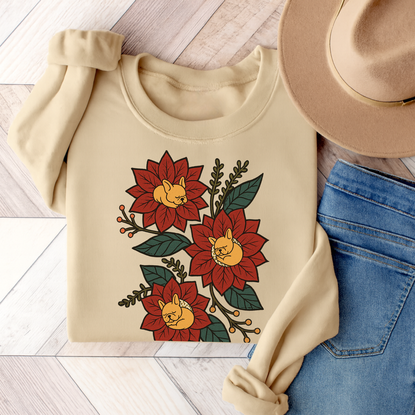 Fawn Frenchie Christmas Flower Sweatshirt Sand