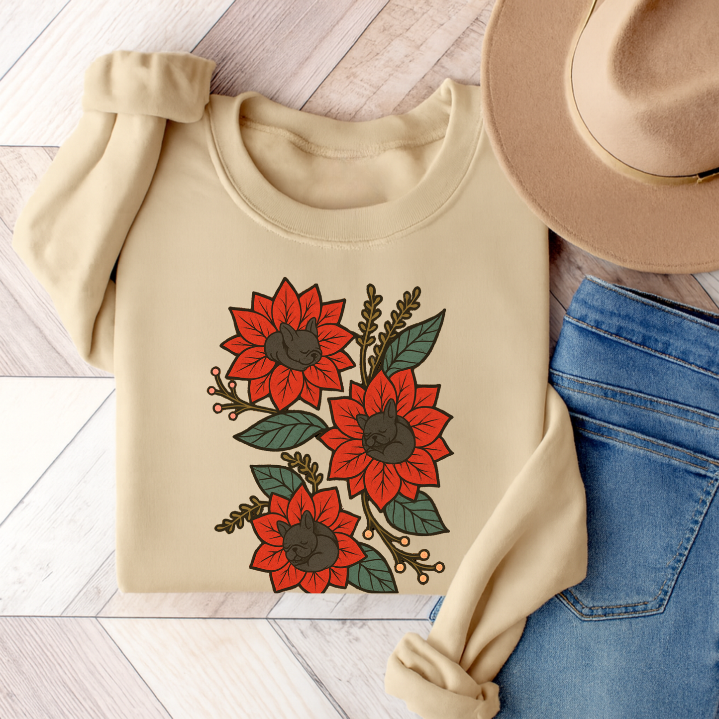 Black Frenchie Christmas Flower Sweatshirt Sand