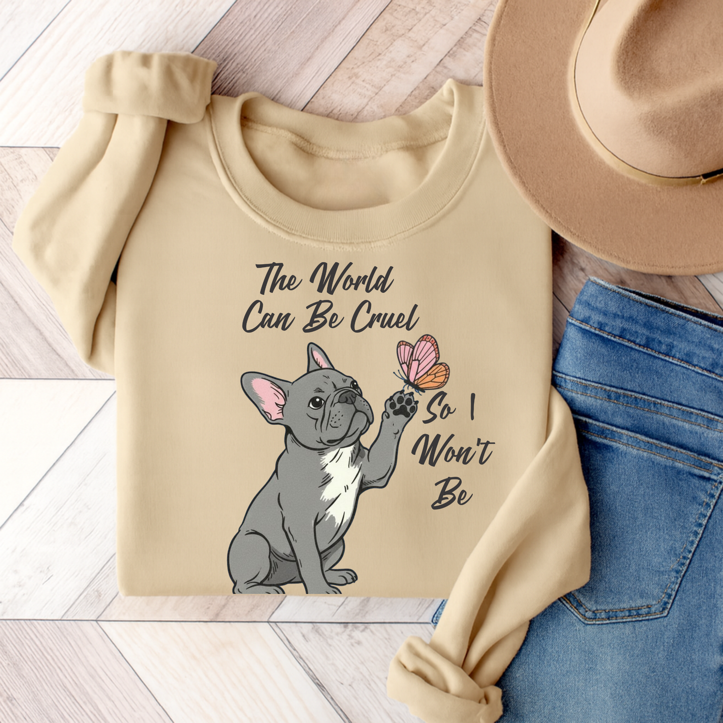 Cruel World Black Frenchie Sweatshirt Sand