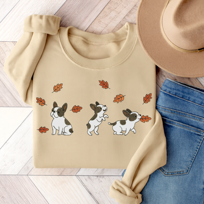 Piebald Frenchie Chasing Leaves Sweatshirt Sand