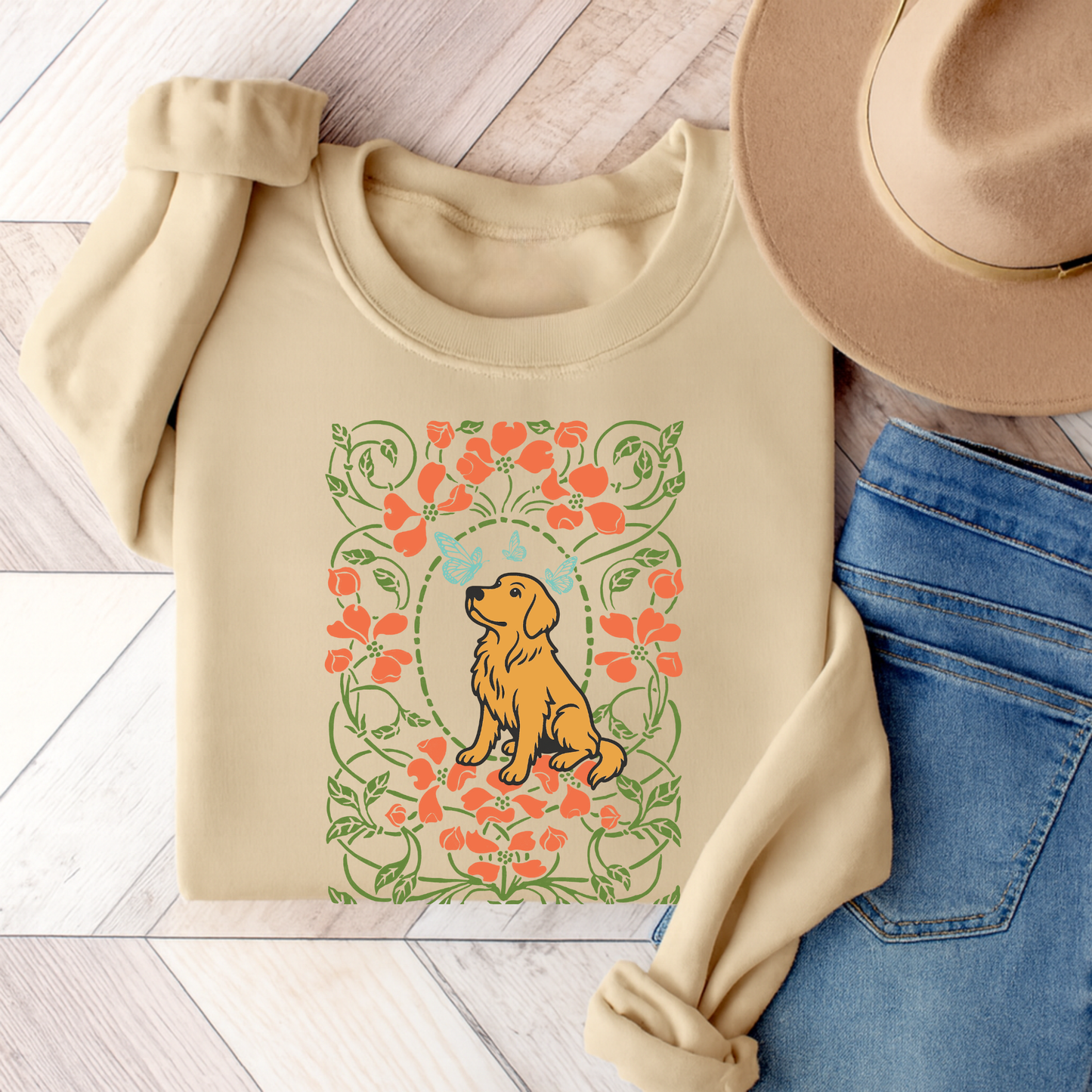Golden Retriever Butterfly Frame Sweatshirt Sand