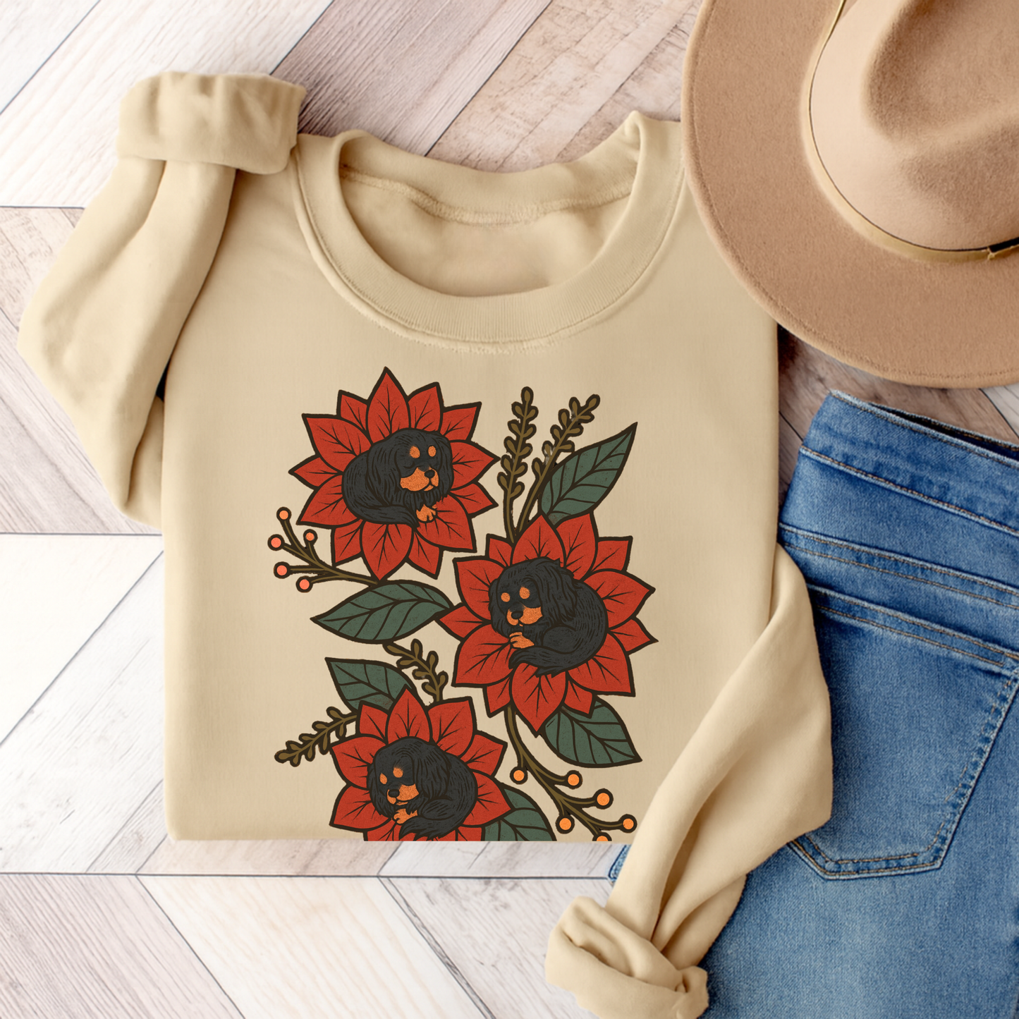 Black Tan Cavalier Christmas Flower Sweatshirt Sand
