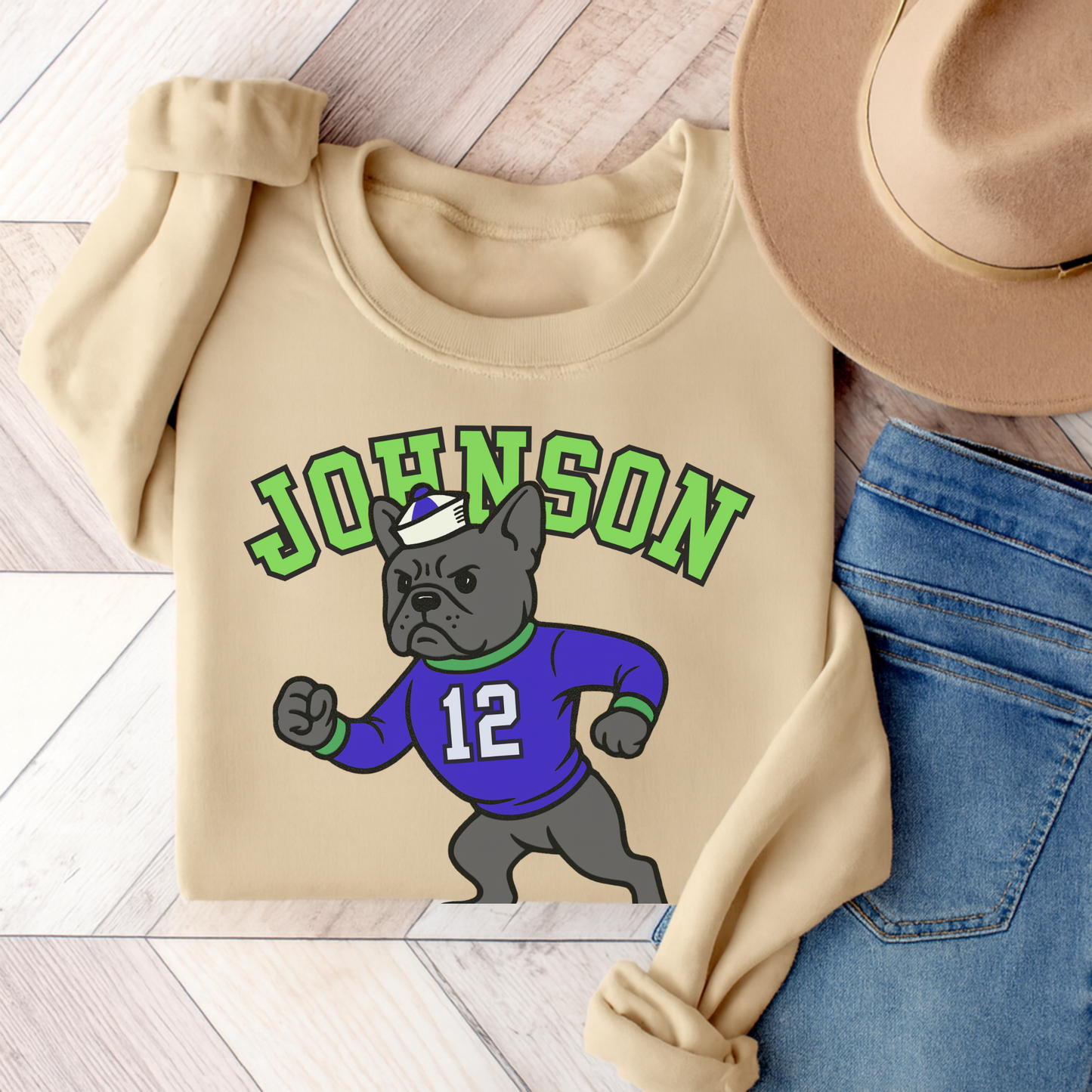 Black Frenchie College Mascot Sweatshirt Sand