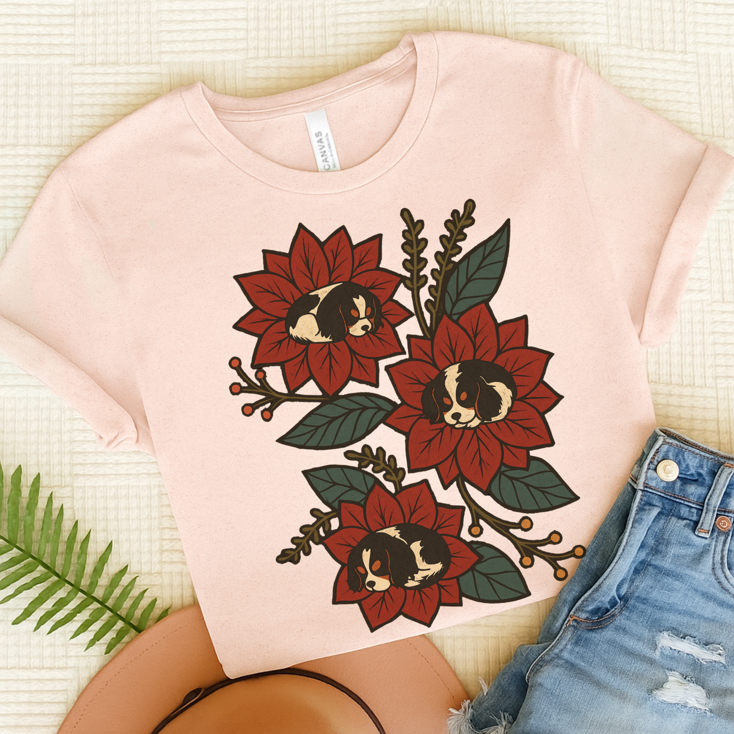 Tricolor Cavalier Holiday Flowers Sleeping TShirt Soft Pink