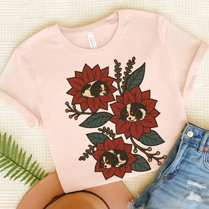 Tricolor Cavalier Holiday Flowers Sleeping TShirt Soft Pink