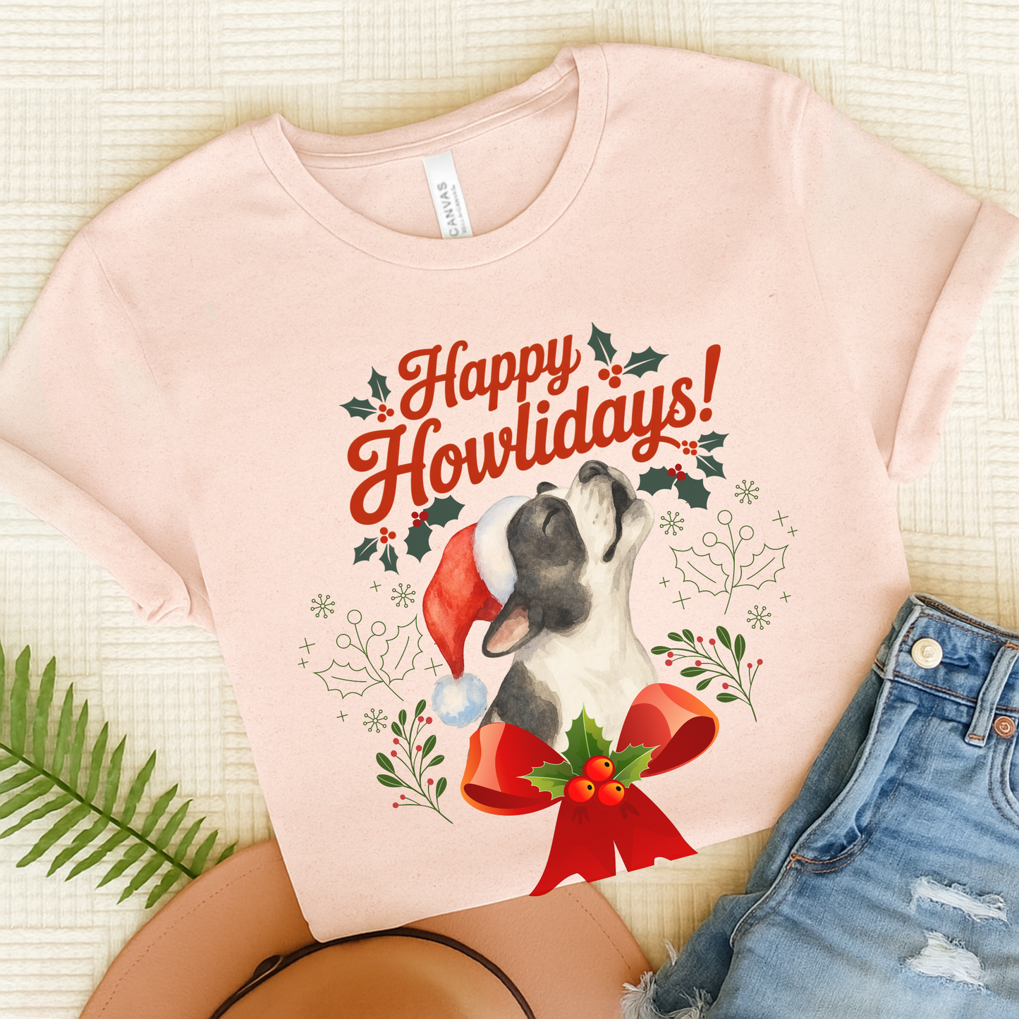 Piebald French Bulldog Happy Howlidays TShirt