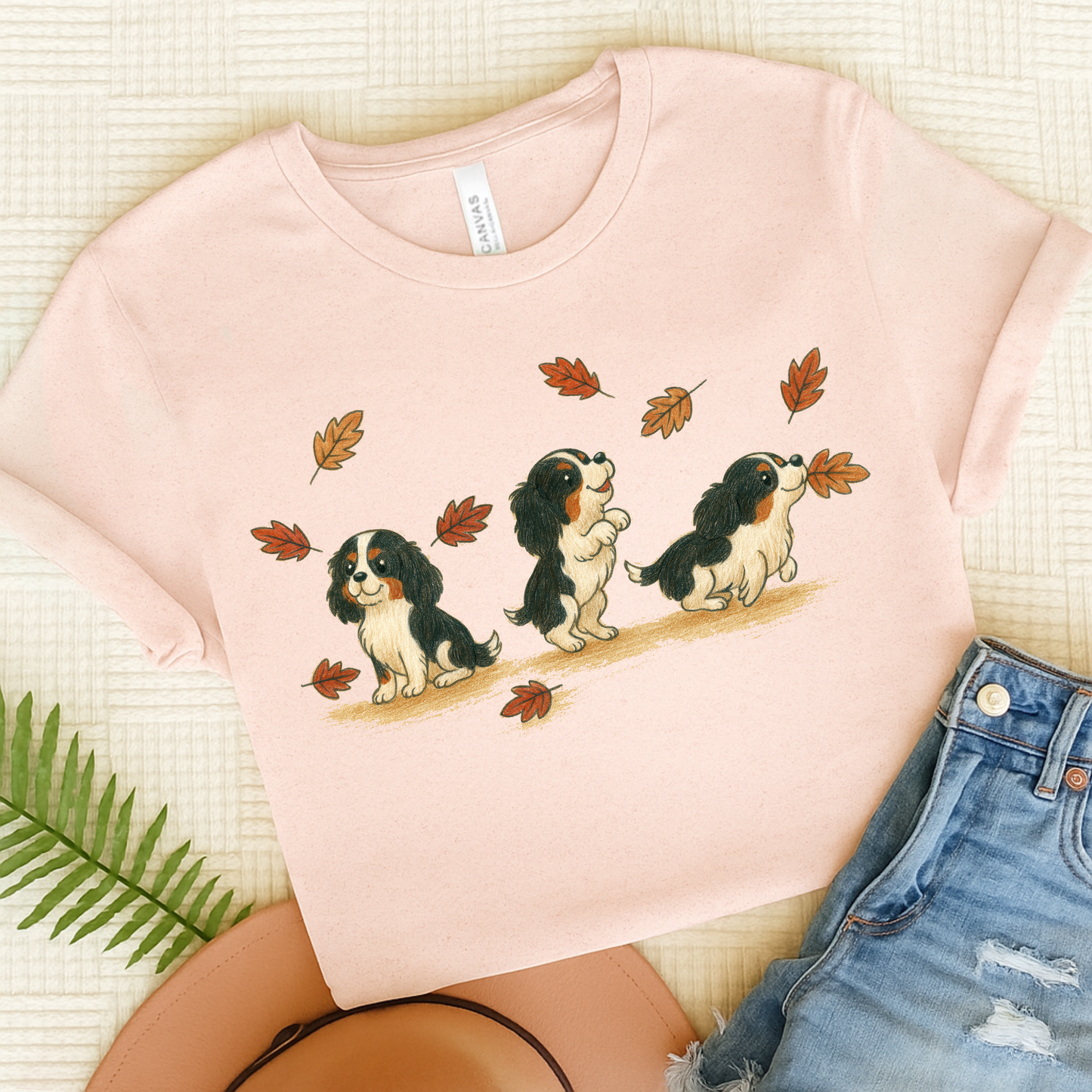 Tricolor Cavalier Chasing Leaves TShirt Soft Pink