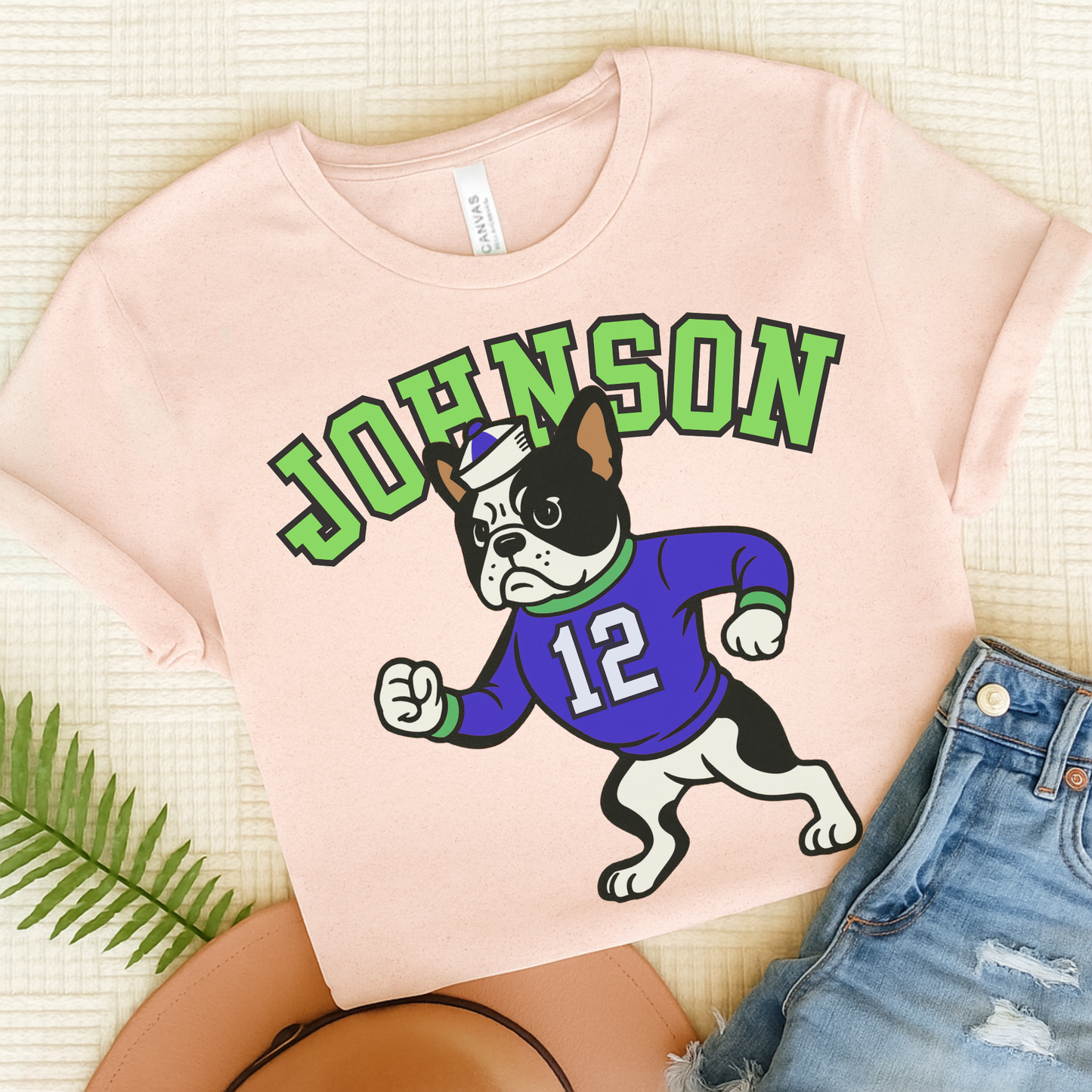 Piebald Frenchie College Mascot TShirt Soft Pink