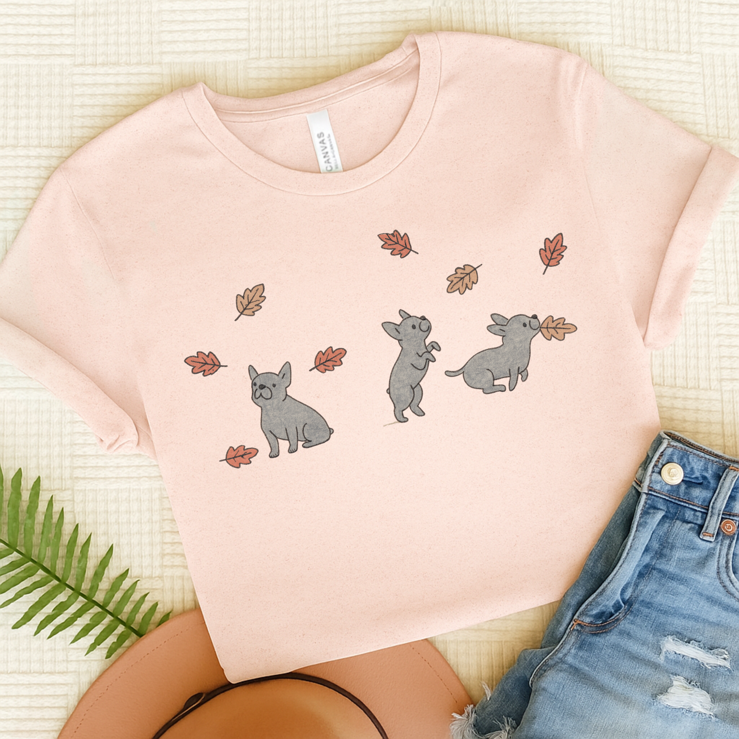 Black Frenchie Chasing Leaves TShirt Soft Pink
