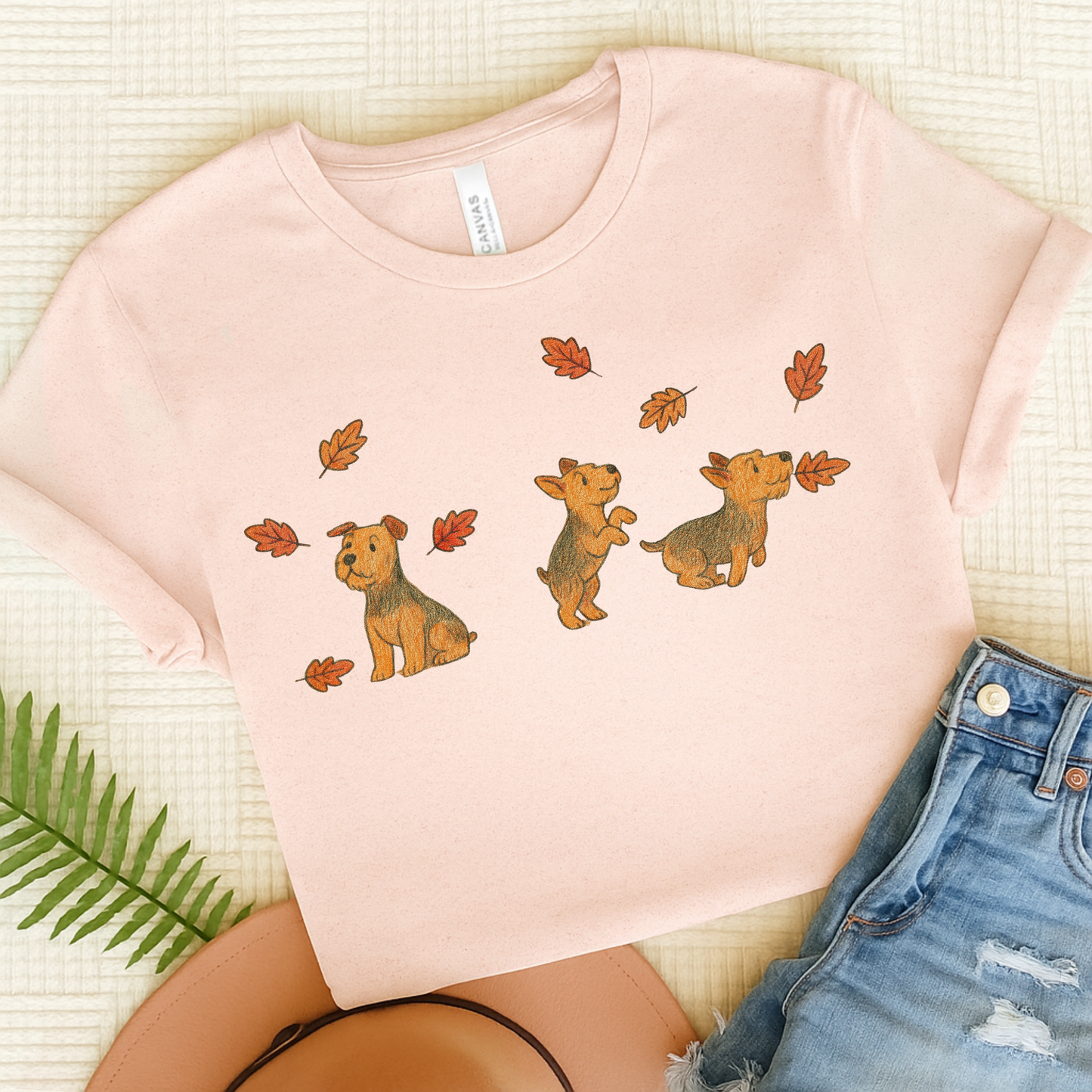 Airedale Terrier Chasing Leaves TShirt Soft Pink