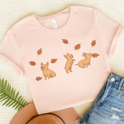 Fawn Frenchie Chasing Leaves TShirt Soft Pink