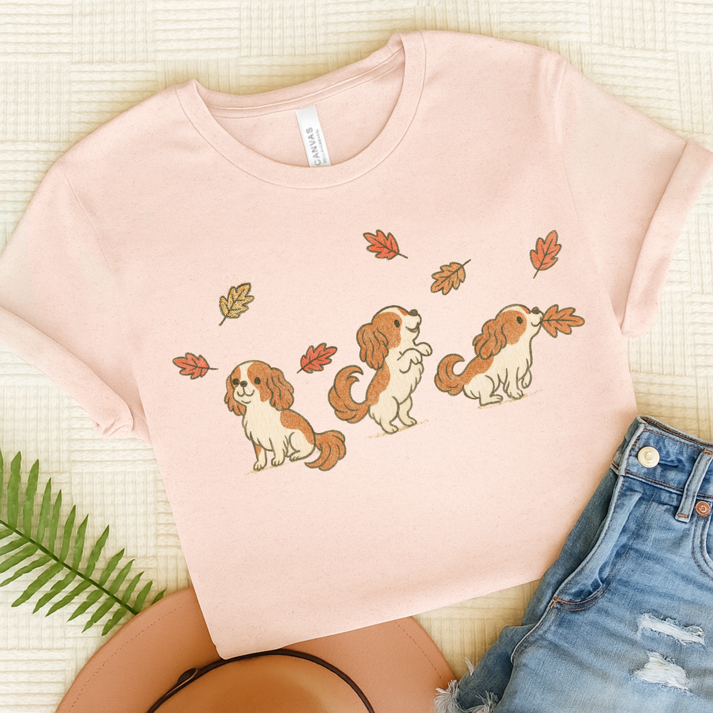 Blenheim Cavalier Chasing Leaves TShirt Soft Pink