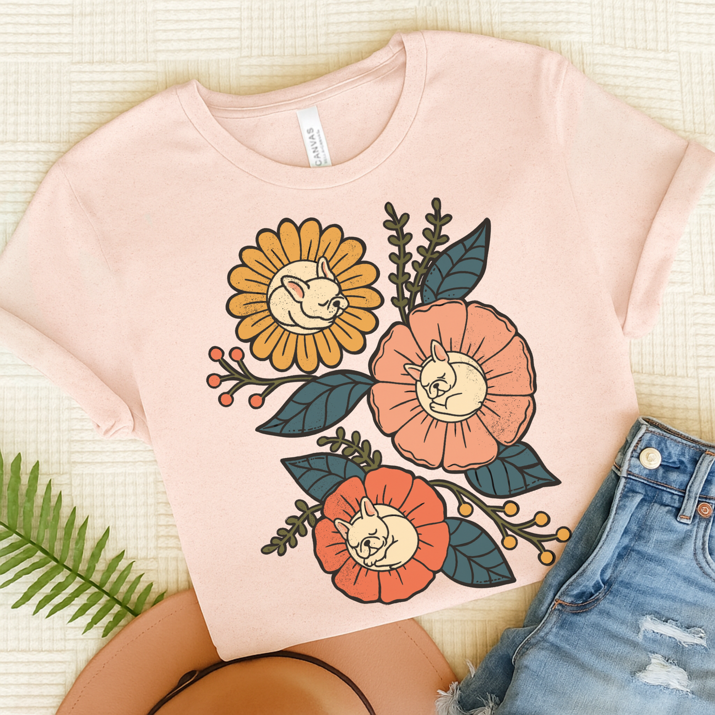 White Frenchie Sleeping Flowers TShirt Soft Pink