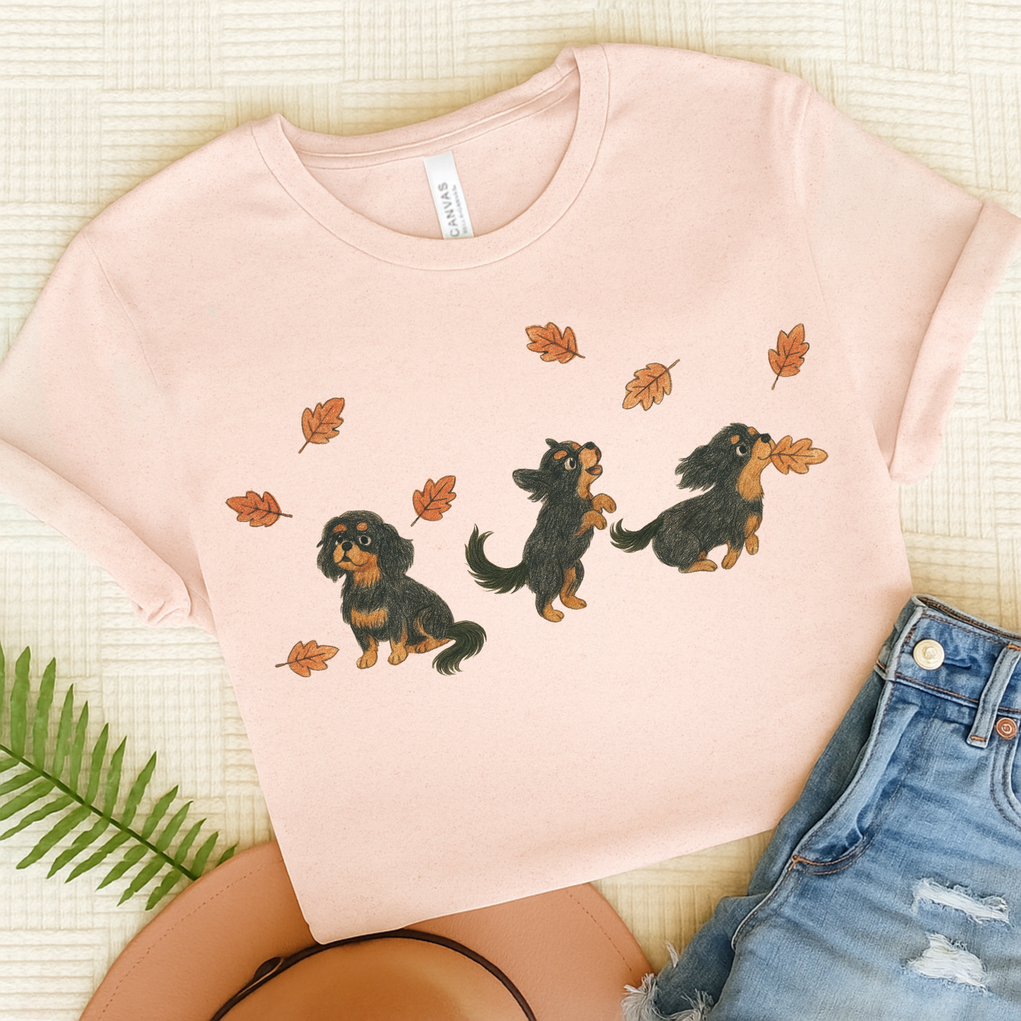 Black Tan Cavalier Chasing Leaves TShirt Soft Pink