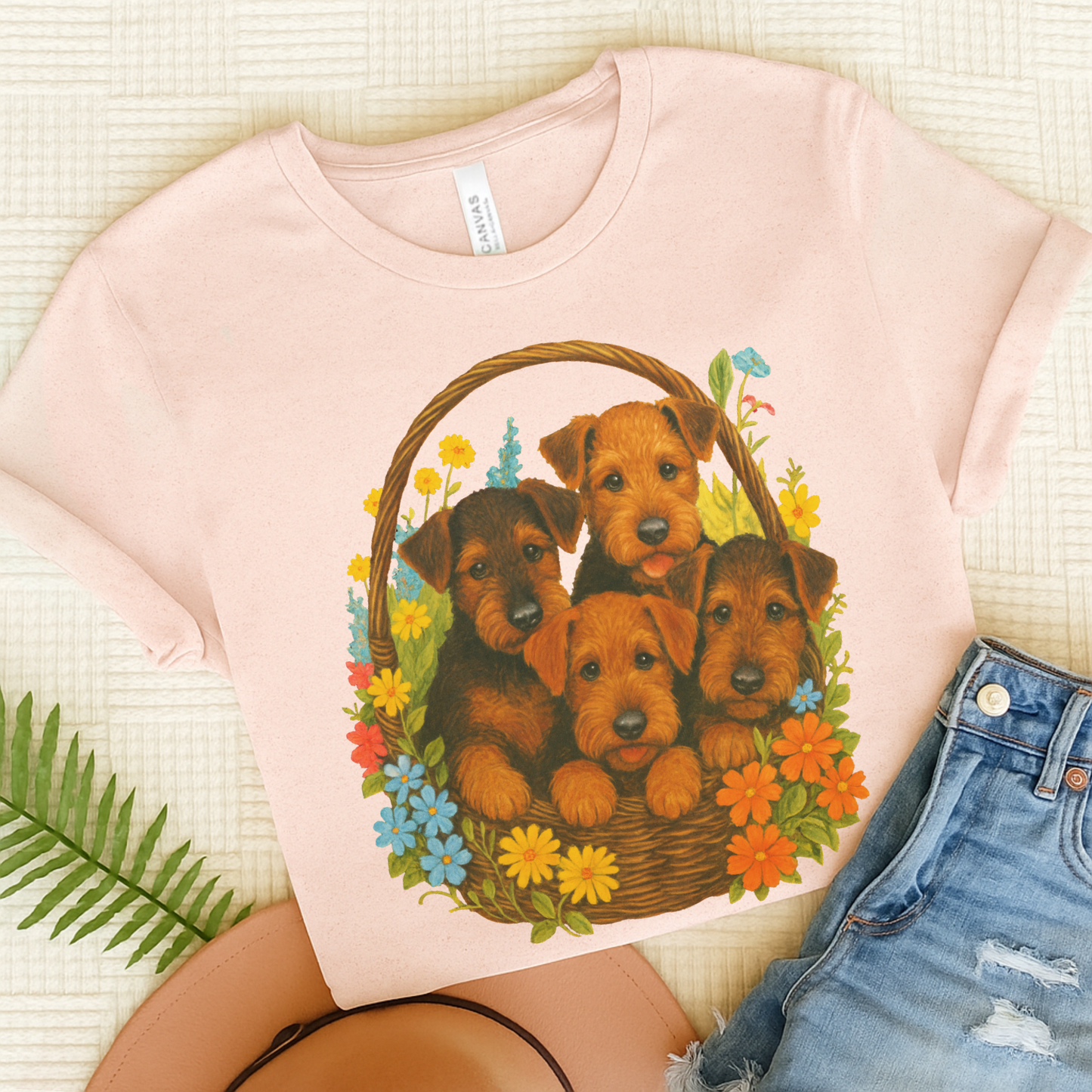 Airedale Terrier Puppy Basket TShirt Soft Pink