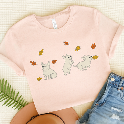 White Frenchie Chasing Leaves TShirt Soft Pink