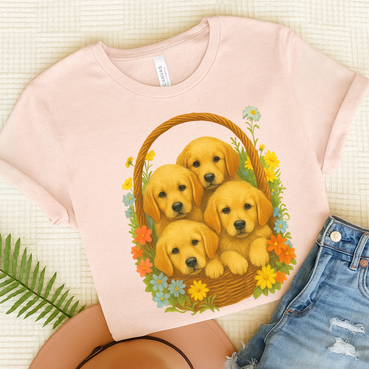 Puppy Basket Golden Retriever Tshirt Soft Pink