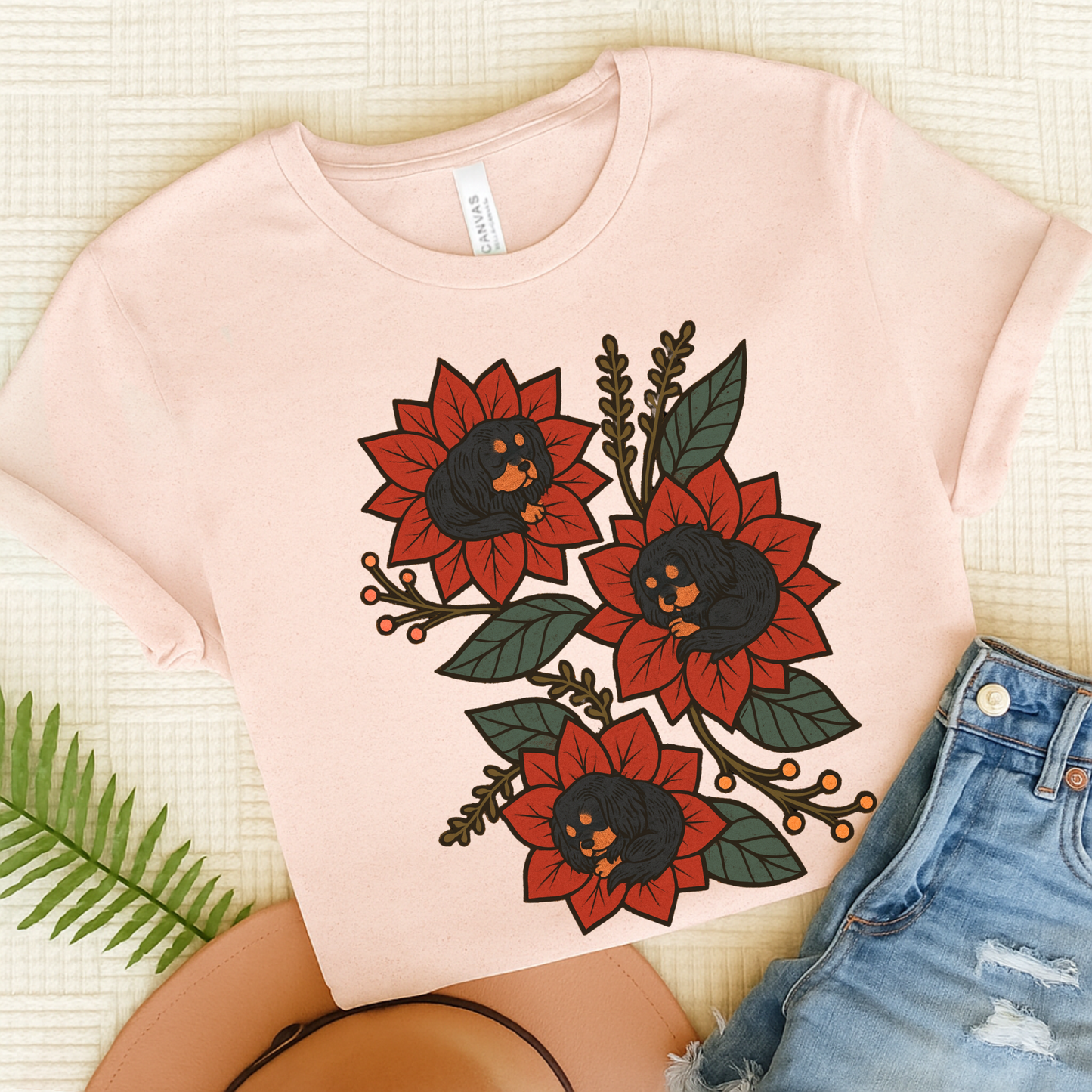 Black Tan Cavalier Holiday Flowers Sleeping TShirt Soft Pink