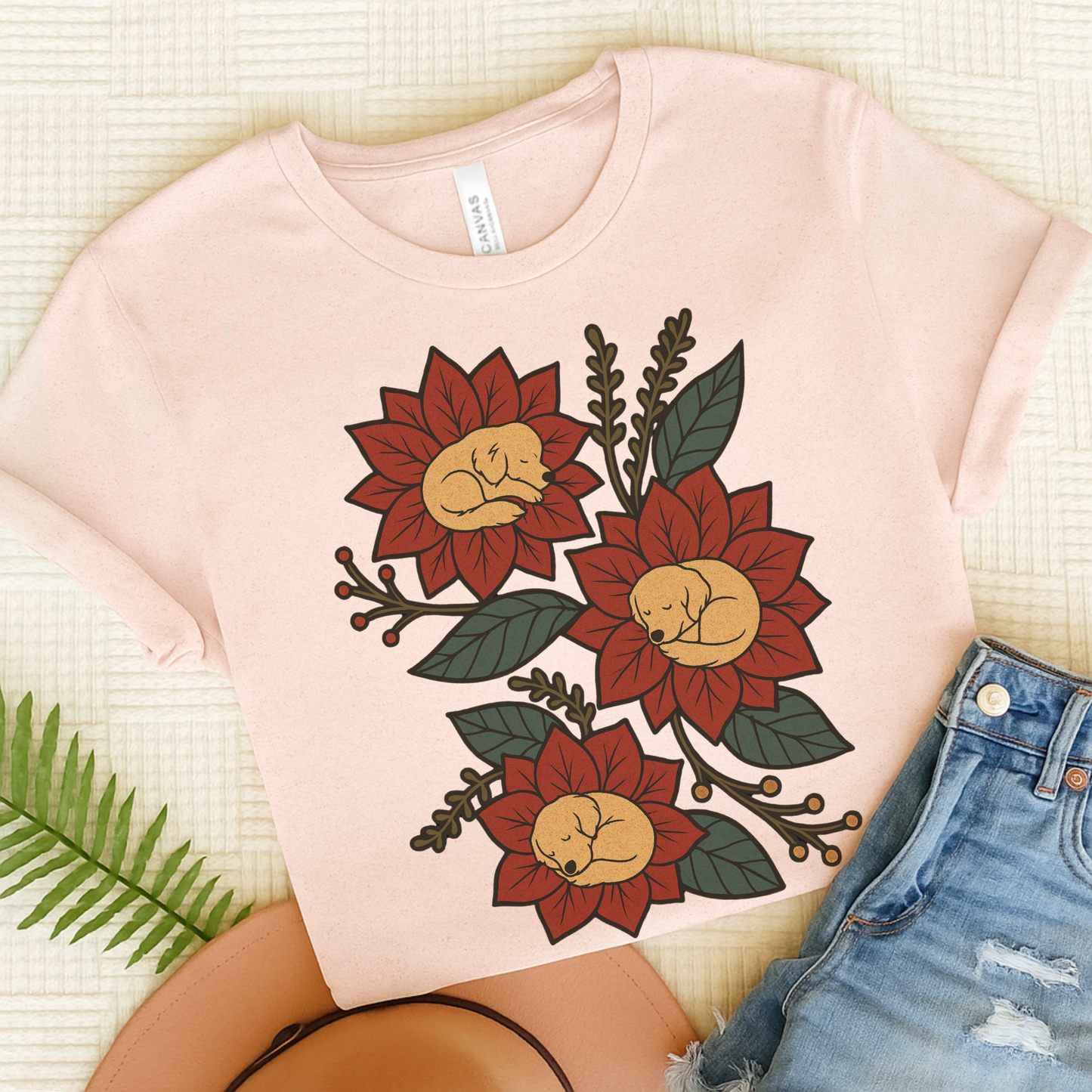 Golden Retriever Holiday Flowers Sleeping TShirt Soft Pink