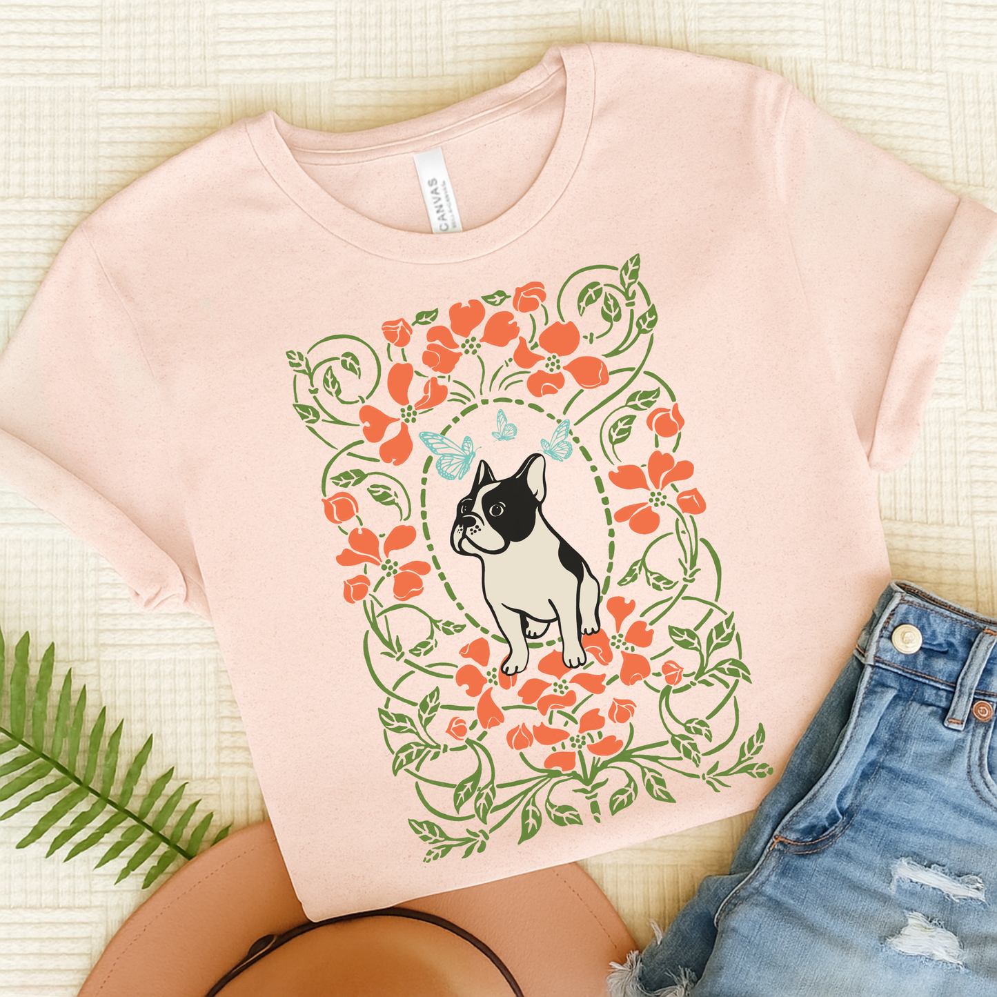 Piebald Frenchie Butterflies Frame TShirt Soft Pink