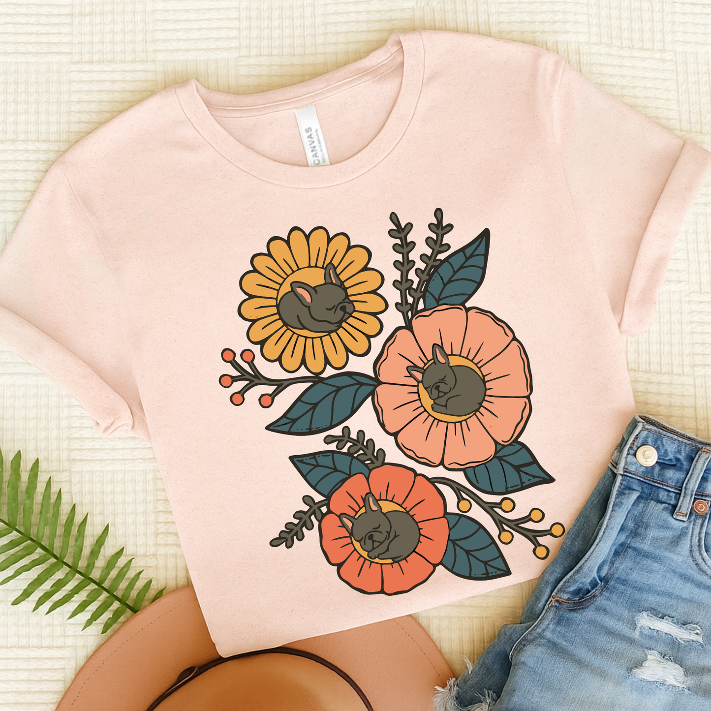 Black Frenchie Sleeping Flowers TShirt Soft Pink