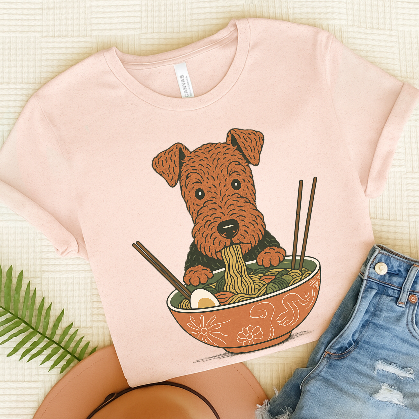 Airedale Terrier Ramen Tshirt Soft Pink