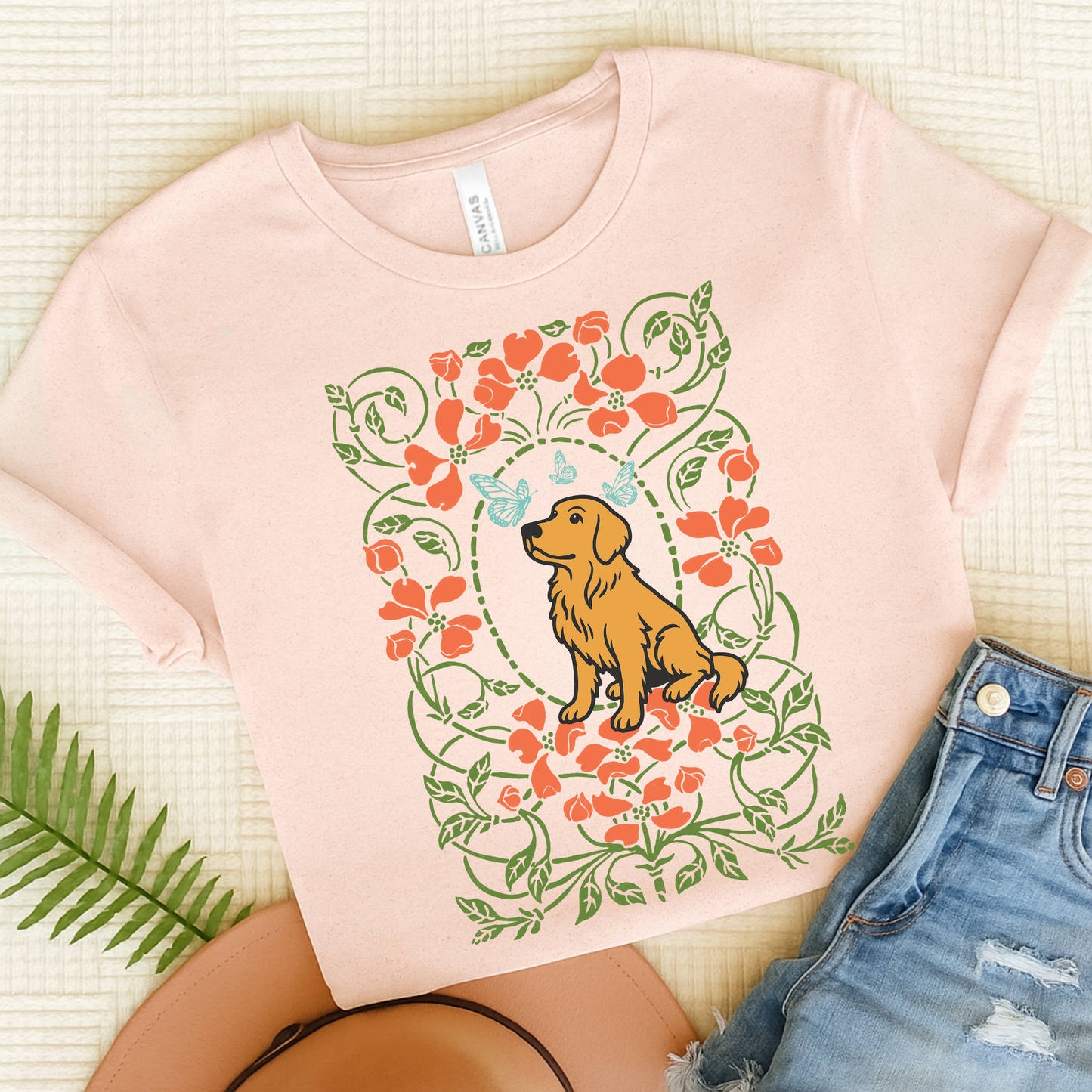 Golden Retriever Butterflies Frame TShirt Soft Pink