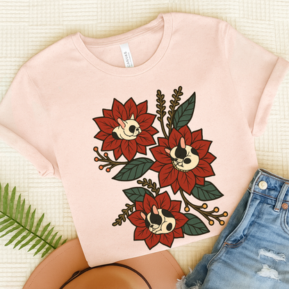 Piebald Frenchie Holiday Flowers Sleeping TShirt Soft Pink