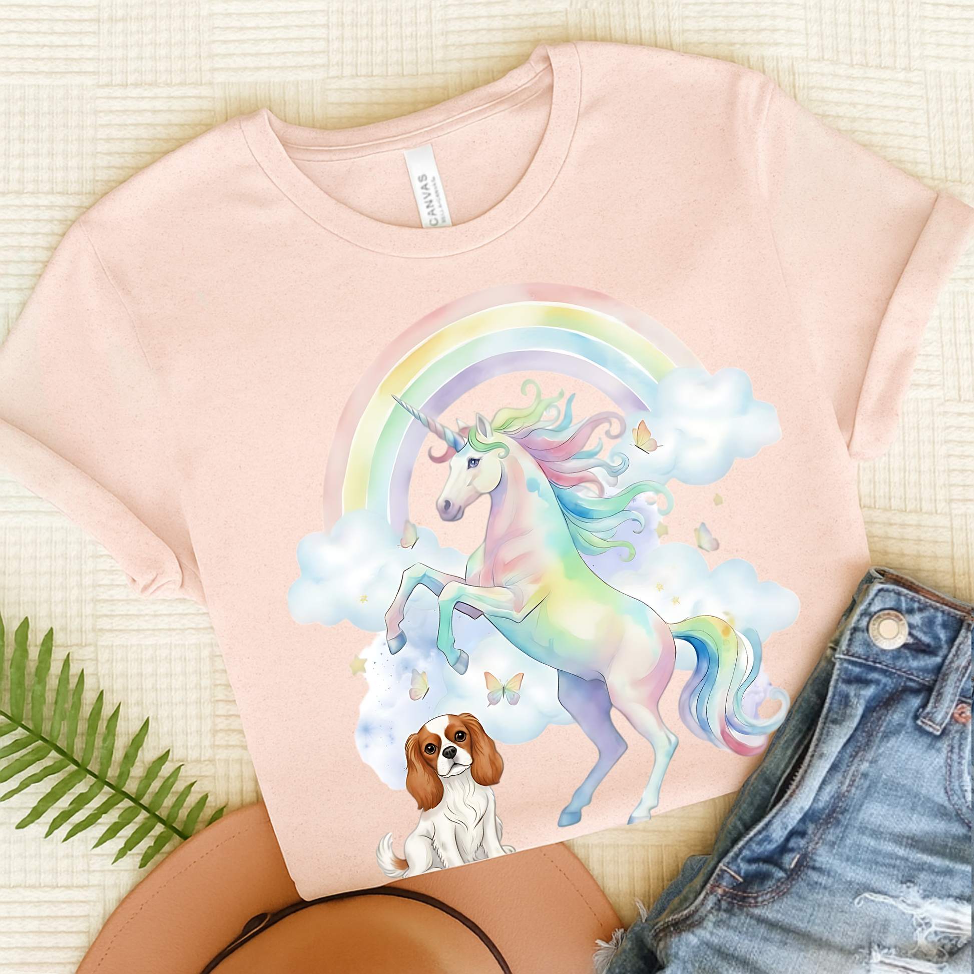 Blenheim Cavalier Watercolor Unicorn Tshirt Soft Pink