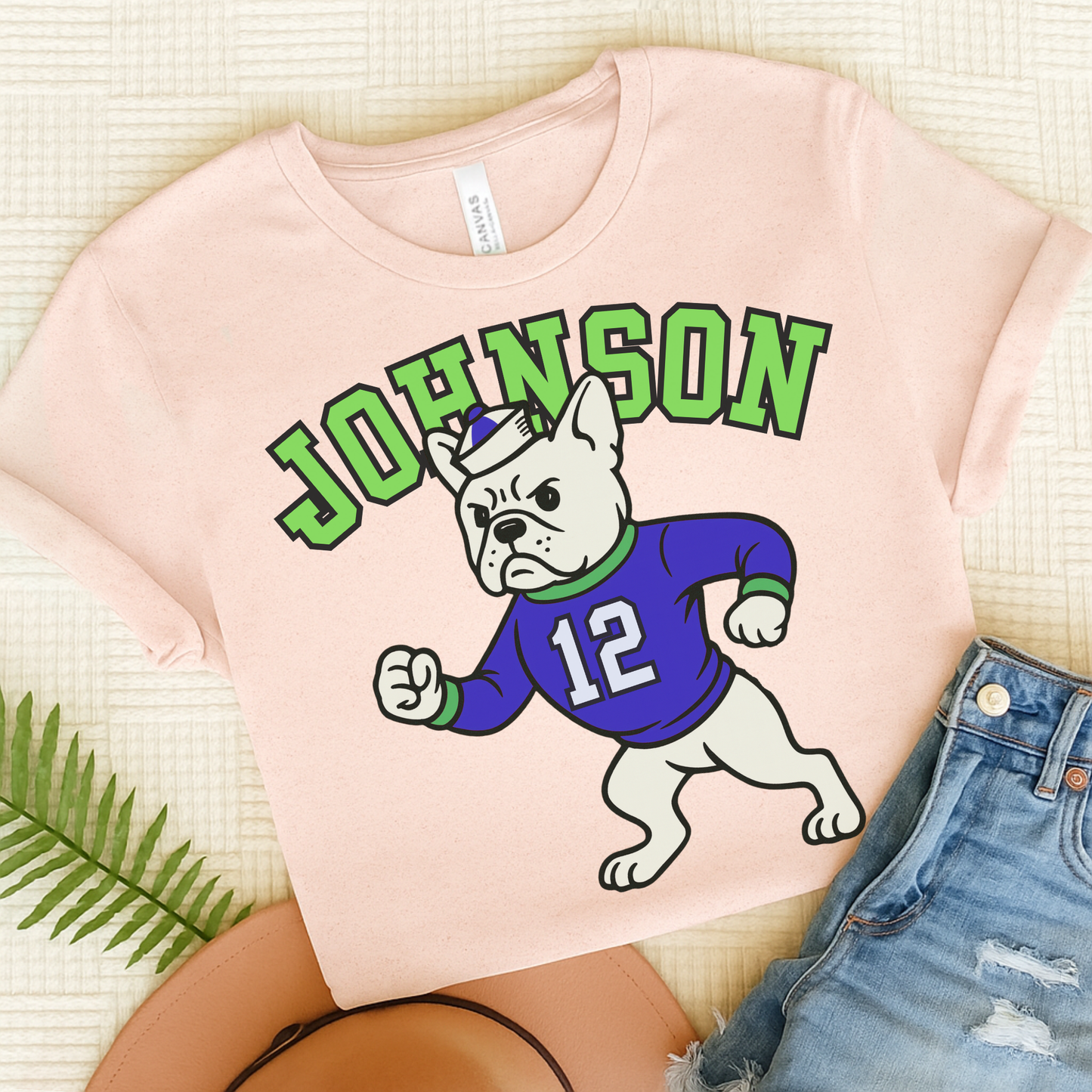 White Frenchie College Mascot TShirt Soft Pink