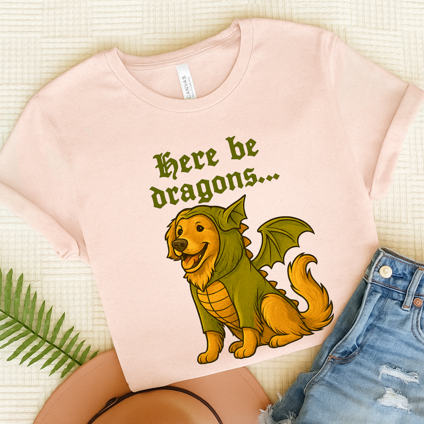 Golden Retriever Here Be Dragons TShirt Soft Pink