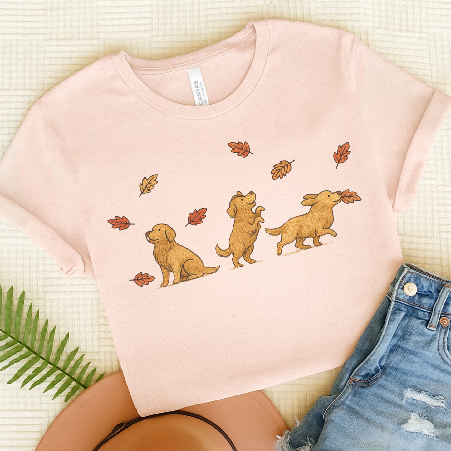 Golden Retriever Chasing Leaves TShirt Soft Pink