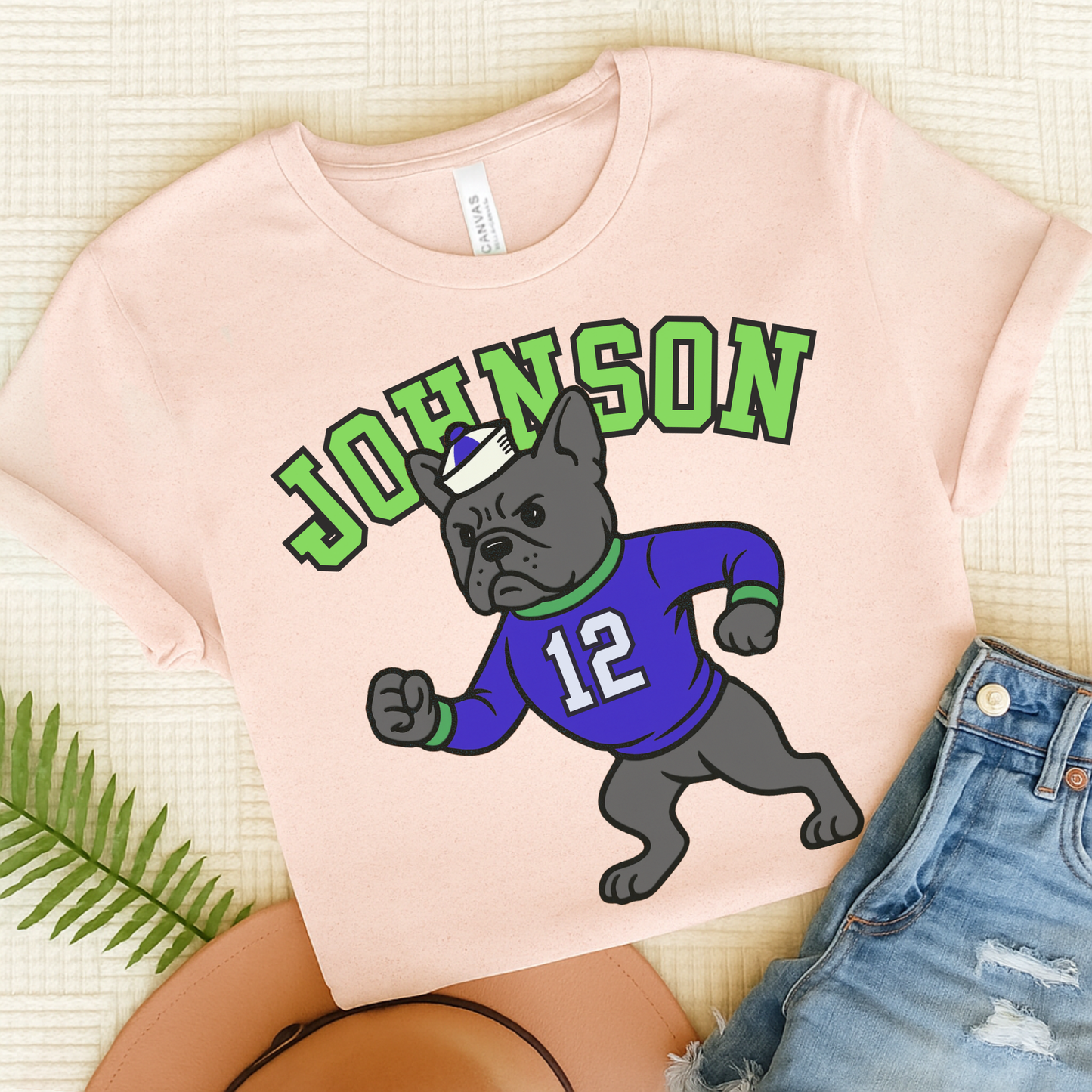 Black Frenchie College Mascot TShirt Soft Pink