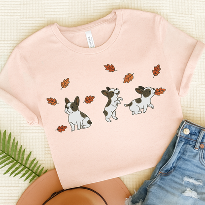 Piebald Frenchie Chasing Leaves TShirt Soft Pink