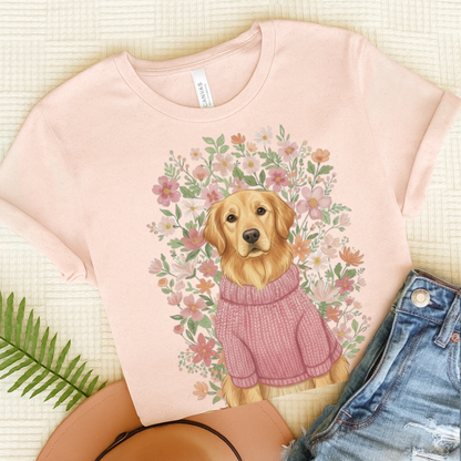 Golden Retriever Bouquet Tshirt Soft Pink