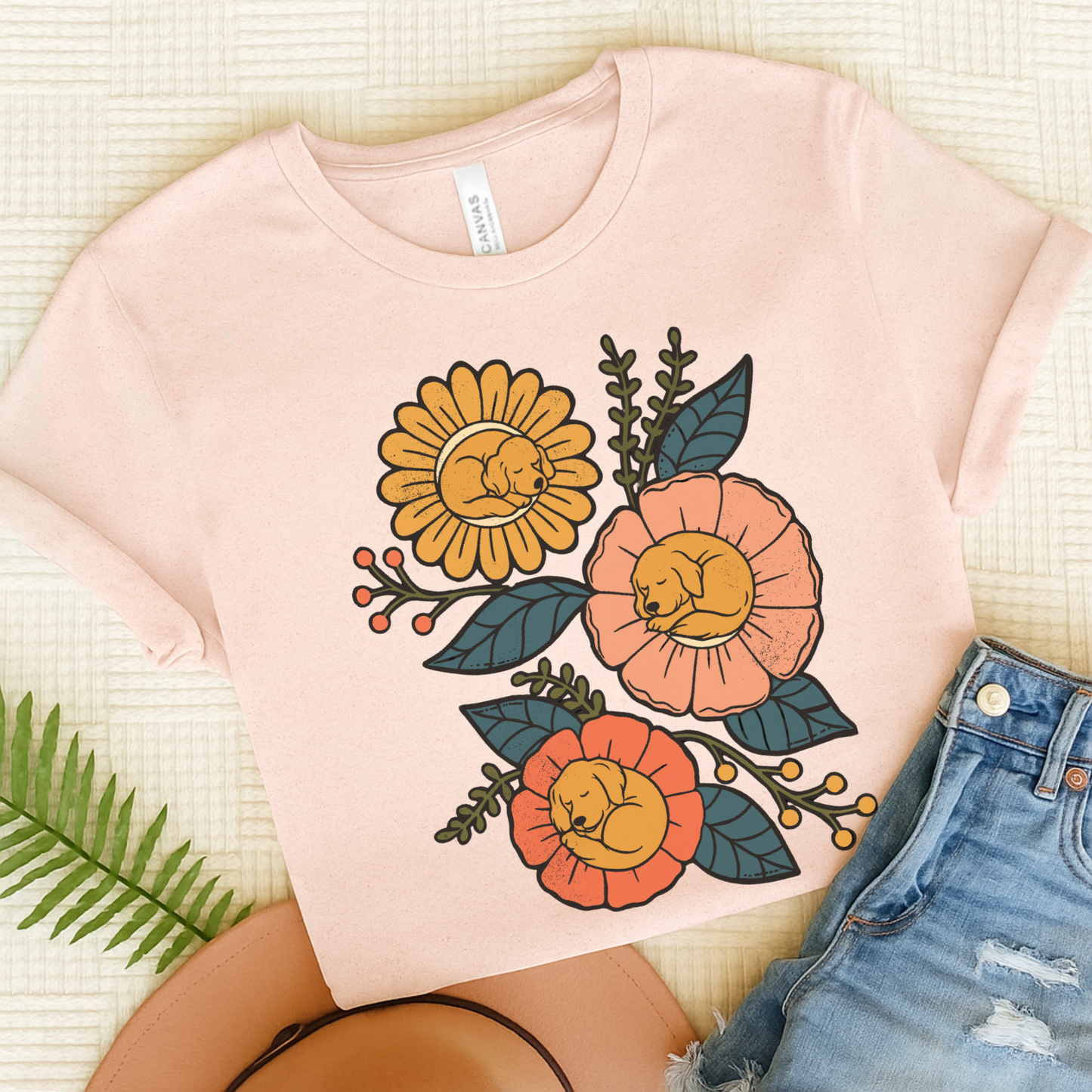Golden Retriever Sleeping Flowers TShirt Soft Pink