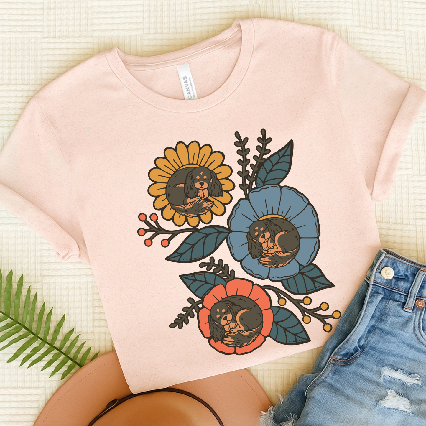 Black Tan Cavalier Sleeping Flowers TShirt Soft Pink