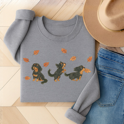 Black Tan Cavalier Chasing Leaves Sweatshirt Sport Grey