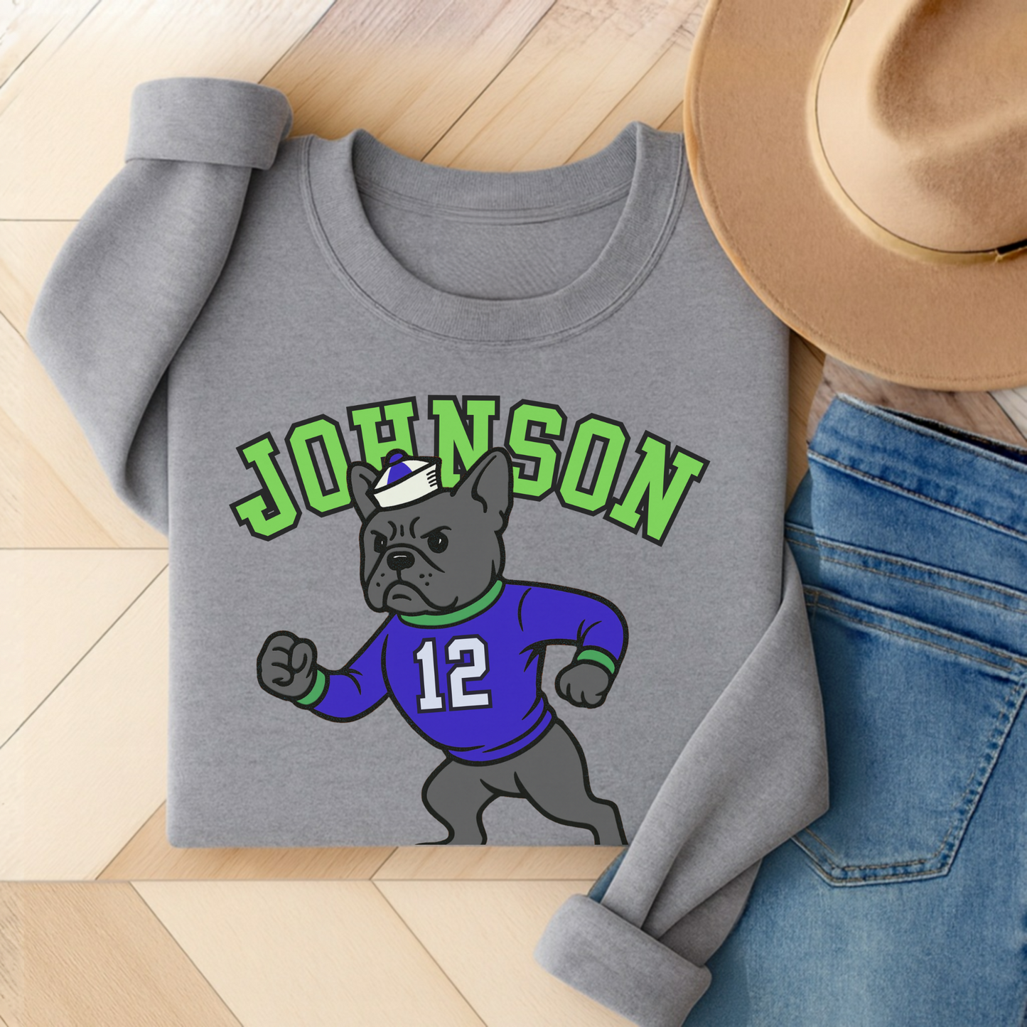 Black Frenchie College Mascot Sweatshirt Sport Grey