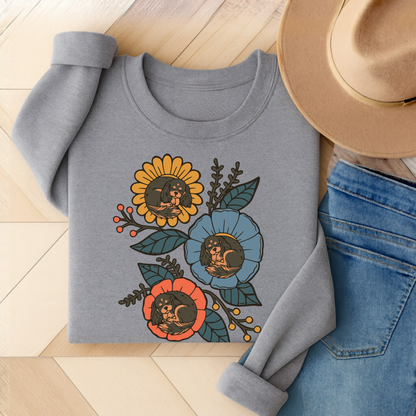 Black and Tan Cavalier Sleeping Flowers Sweatshirt Sport Grey