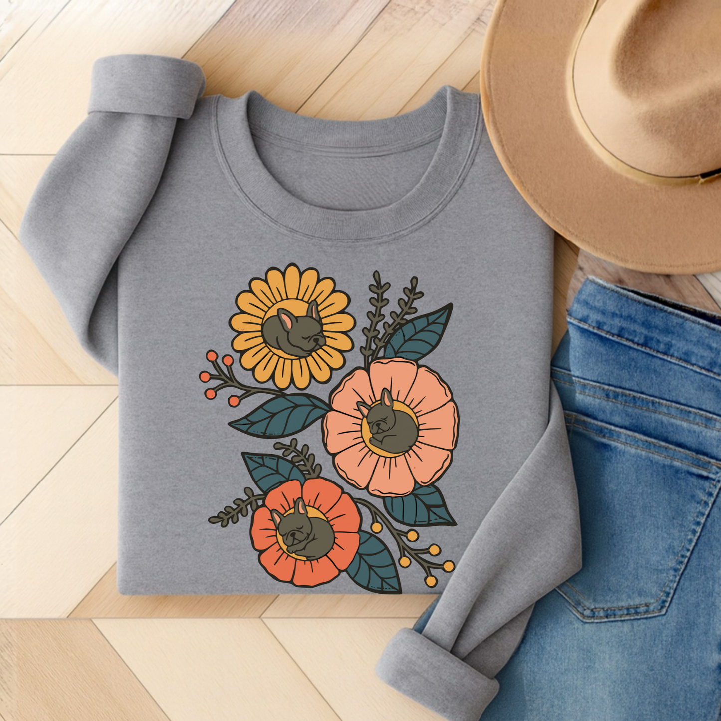 Black Frenchie Sleeping Flowers Sweatshirt Sport Grey