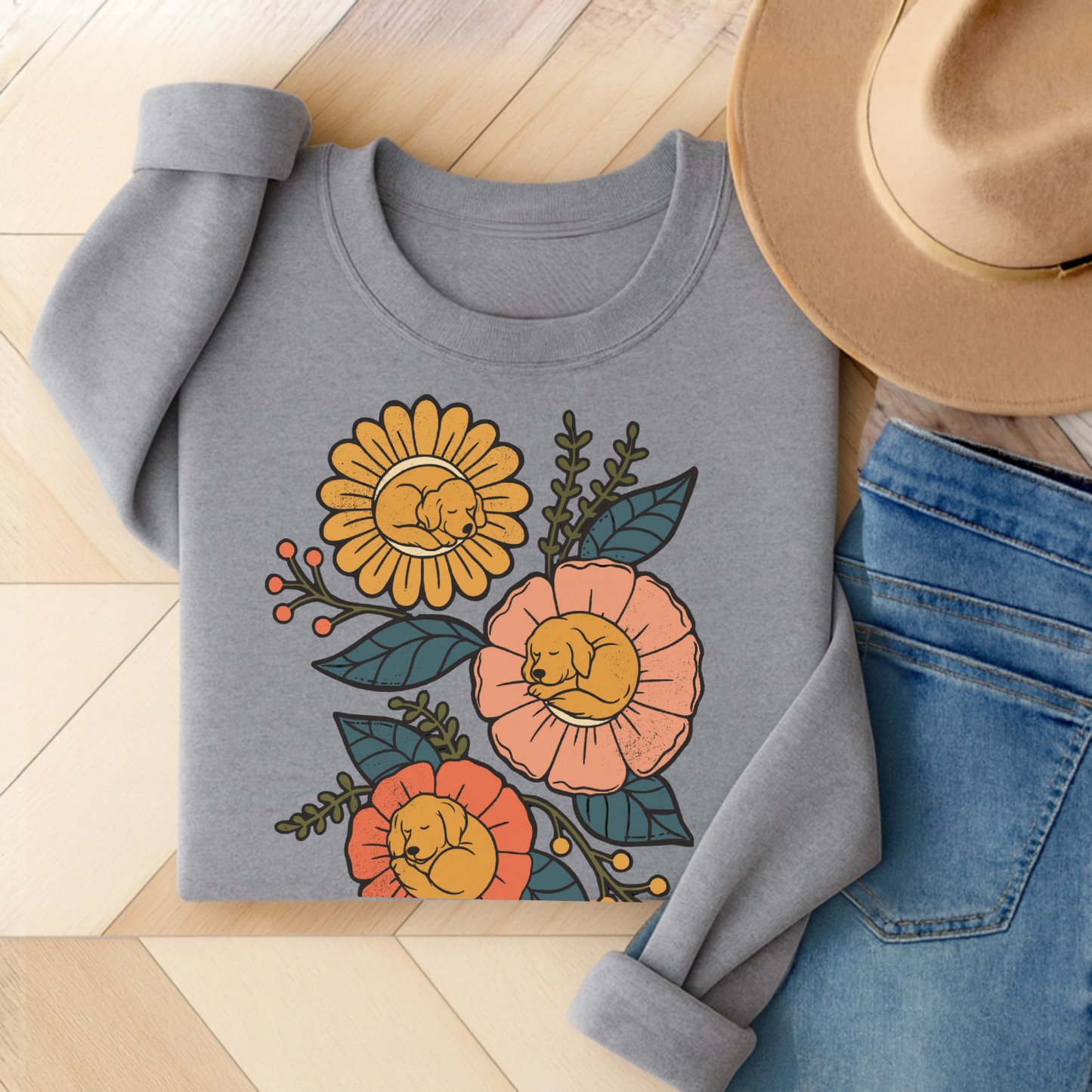 Golden Retriever Sleeping Flowers Sweatshirt Sport Grey