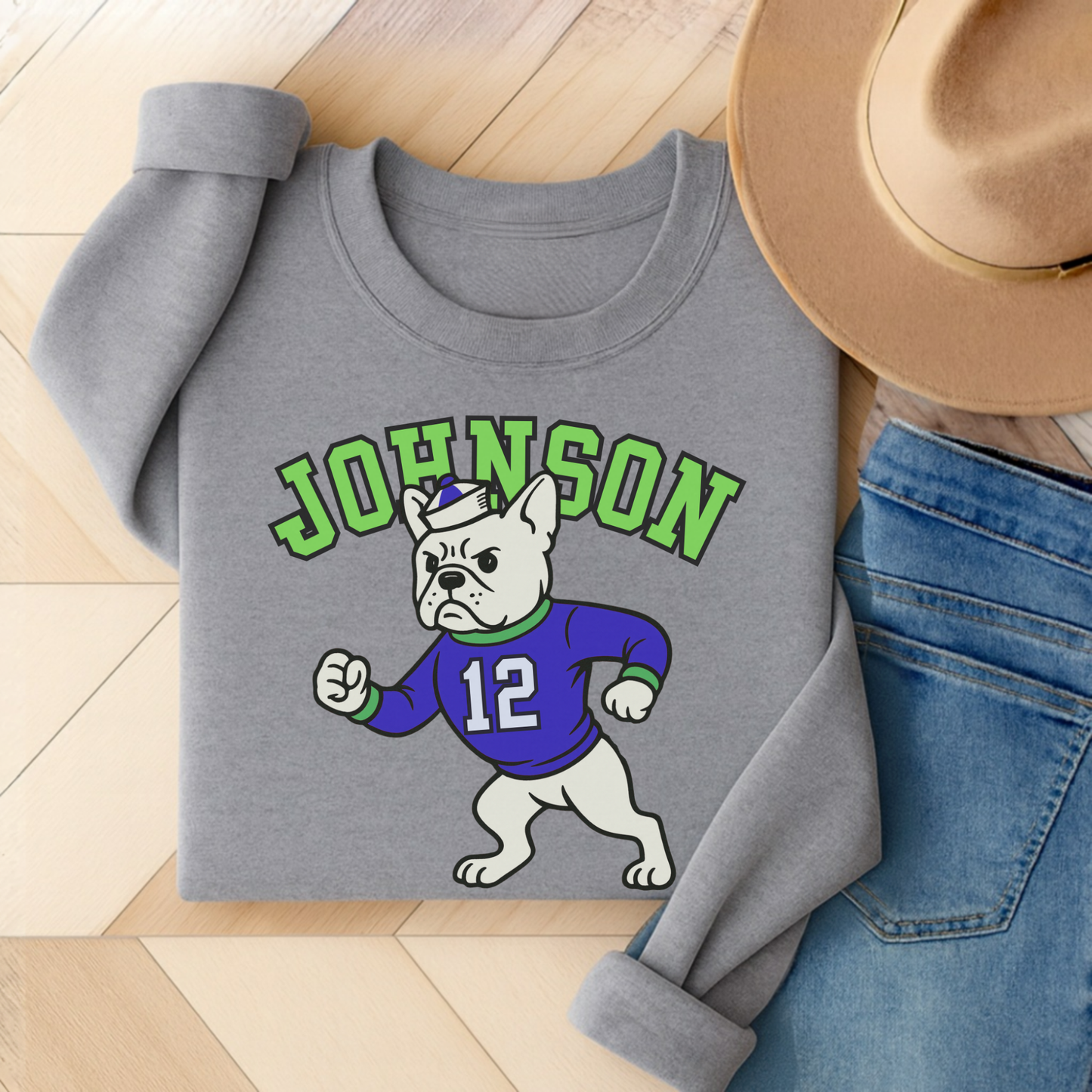 White Frenchie College Mascot Sweatshirt Sport Grey