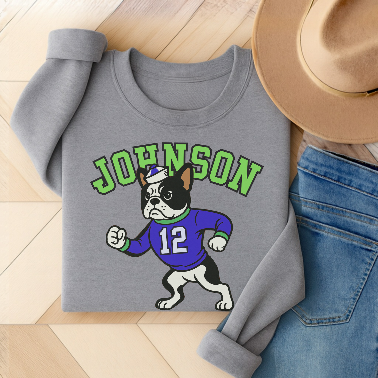 Piebald Frenchie College Mascot Sweatshirt Sport Grey